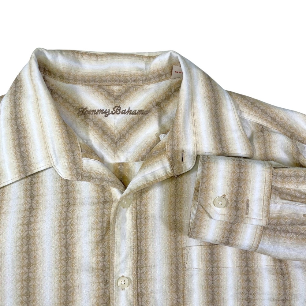 Tommy Bahama XL Tan Striped Button Down Shirt Cotton‎ Long Sleeve Coastal Resort